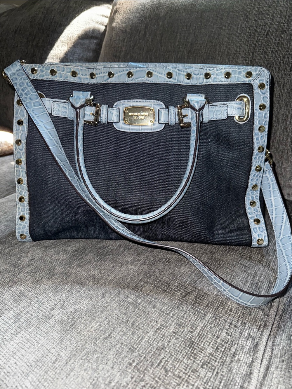 Michael Kors Denim Croc Embossed Studded Satchel Blue Crossbody Bag